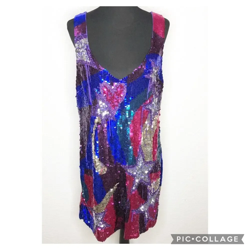 Nasty Gal sequin star heart mini blue pink sequin sleeveless dress size 14